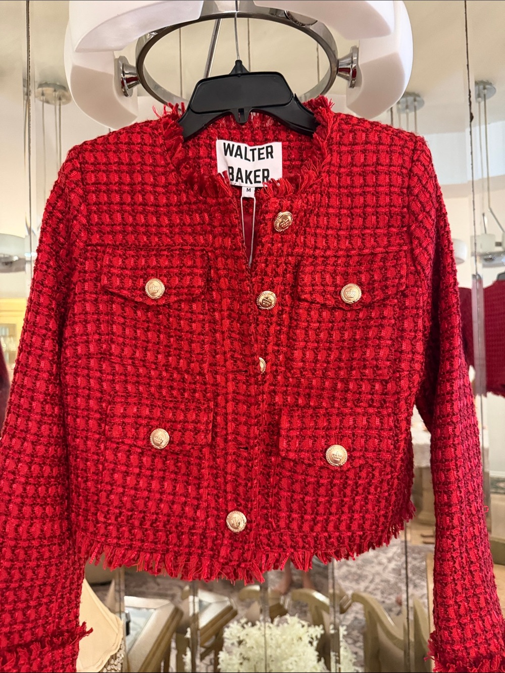 Walter Baker Red Tweed Fringed Cropped Blazer